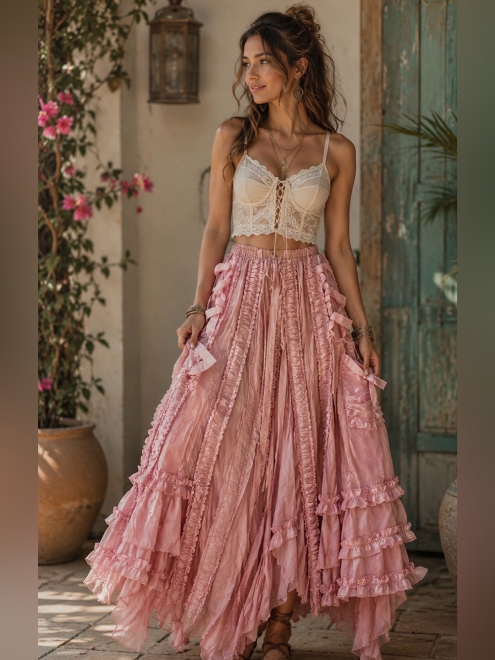 NWT Ruffle Satin Pirate Maxi Skirt - Pink